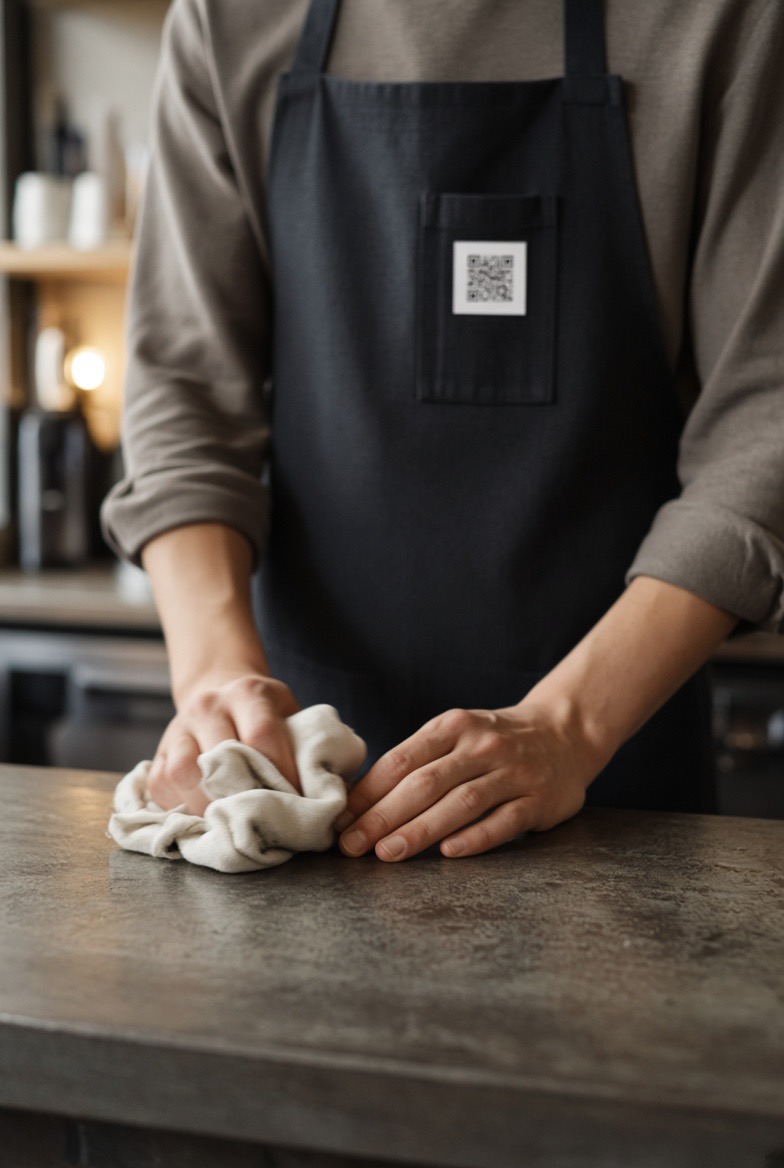 A person wiping a counter, wearing a dark apron with a blank square on the chest pocket.