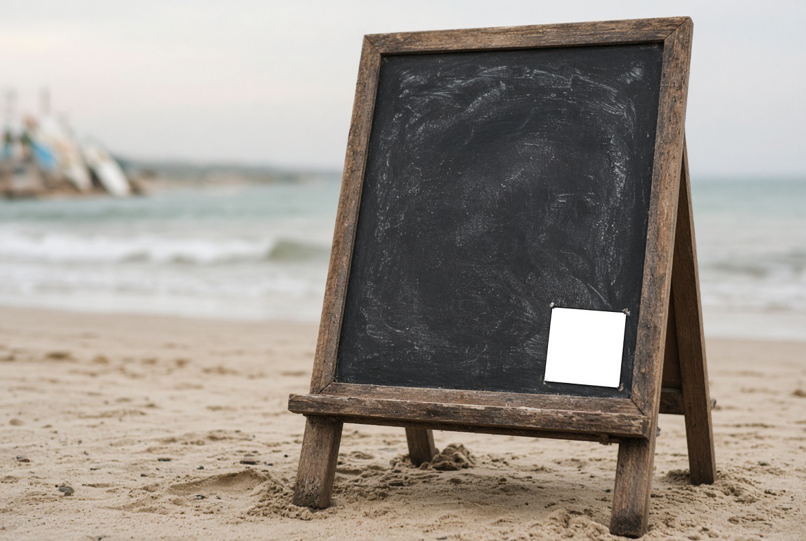 A wooden chalkboard easel standing on a beach, with a blank square pinned to its lower corner.