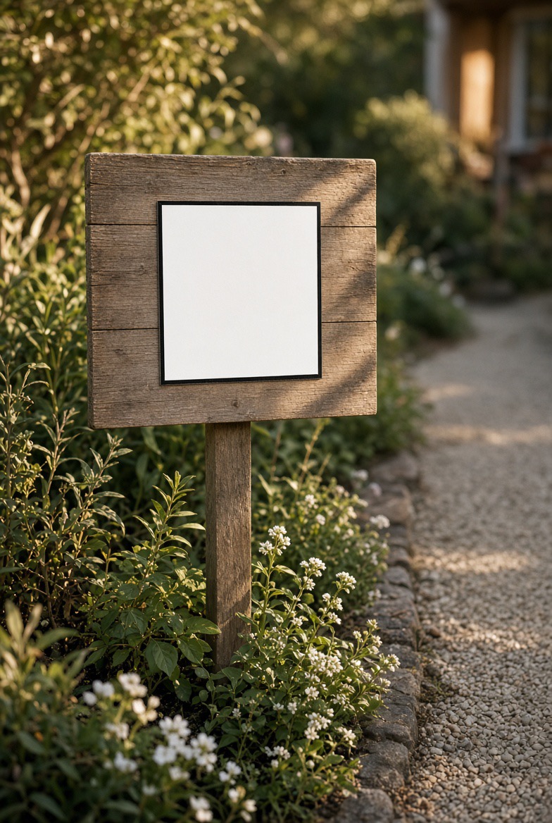 A rustic wooden post sign beside a gravel path, with a blank square mounted on its face.