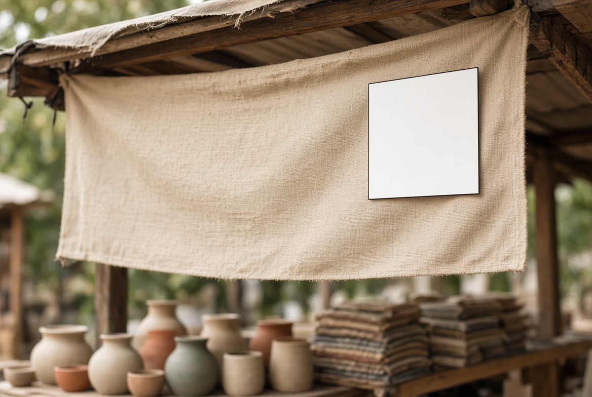 A linen banner over a market stall of pottery, with a blank square sewn near one corner.