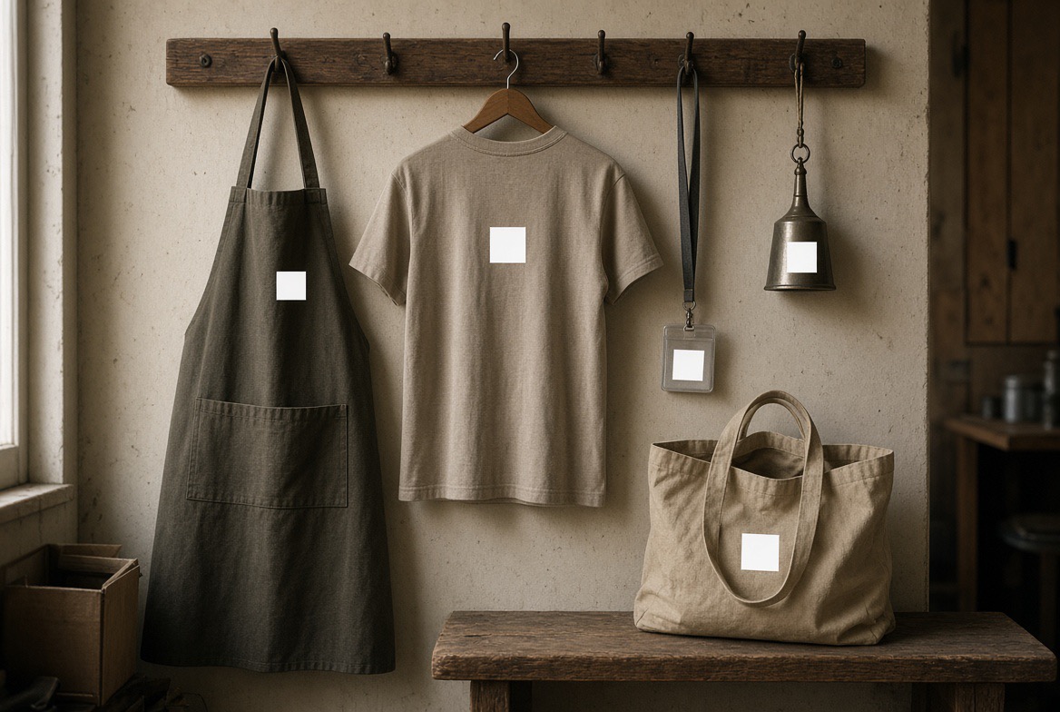 An apron, a t-shirt, a lanyard badge, a bell and a tote bag on wall hooks, each carrying a blank square.