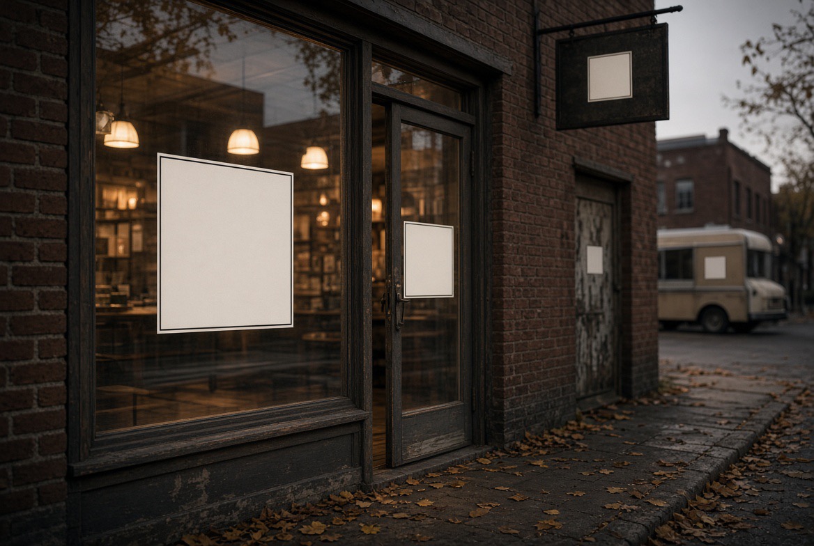 A brick shopfront at dusk with a blank square on the window, on the door glass and on the hanging sign — three places a QR code could go.