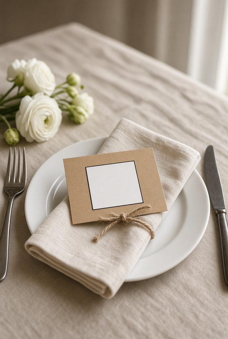A kraft-paper card tied with twine on a folded napkin at a set table, with a blank square printed on it.