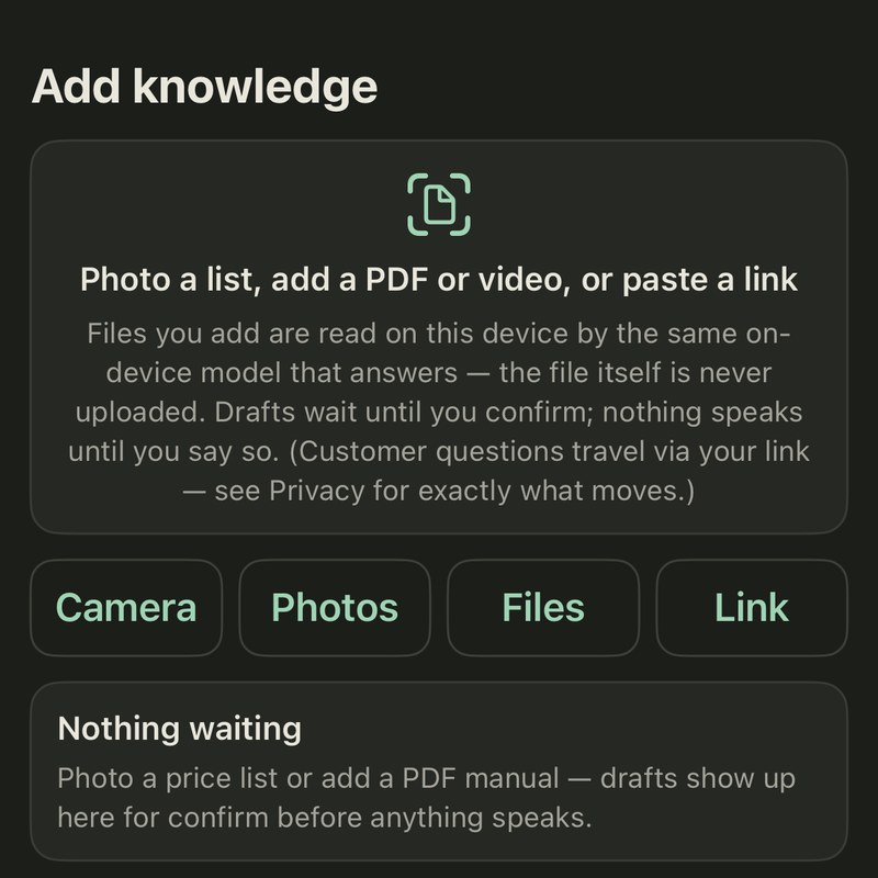 The Add screen of the app: Add knowledge — photo a list, add a PDF or video, or paste a link — with Camera, Photos, Files and Link buttons.