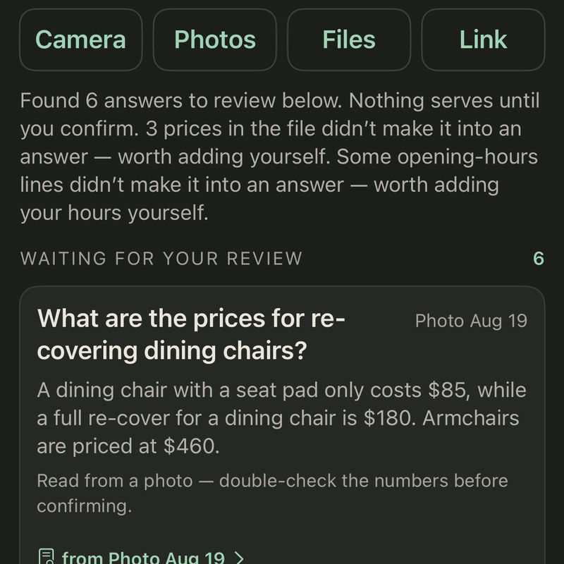 The same screen after a photo was read: six answers found and waiting for review, the first draft shown with its source photo and Edit, Confirm and Remove.
