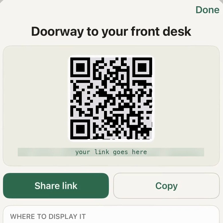The share sheet: Doorway to your front desk, a QR code, and the link with Share and Copy buttons.